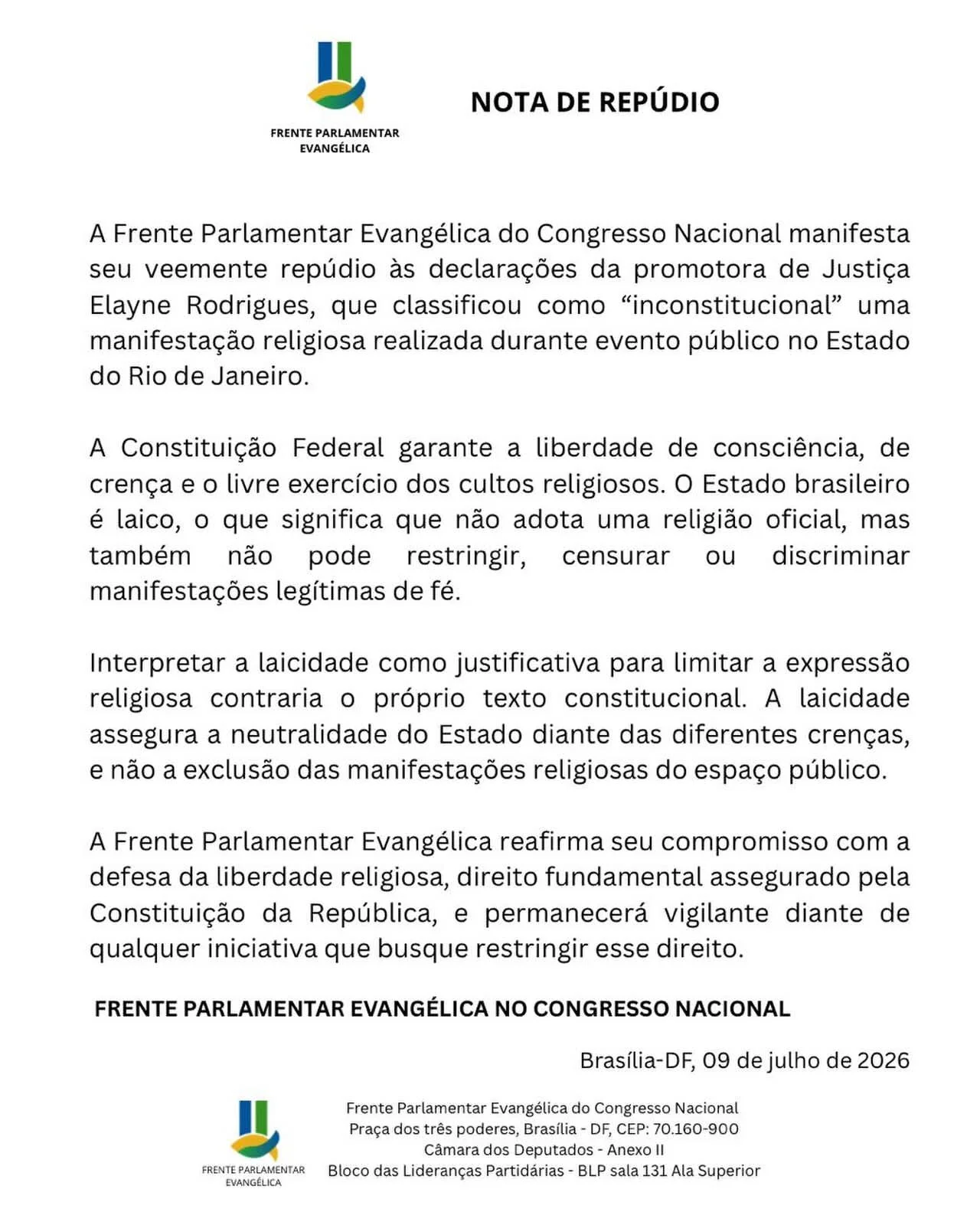 Nota publicada pela Frente Parlamentar Evangélica