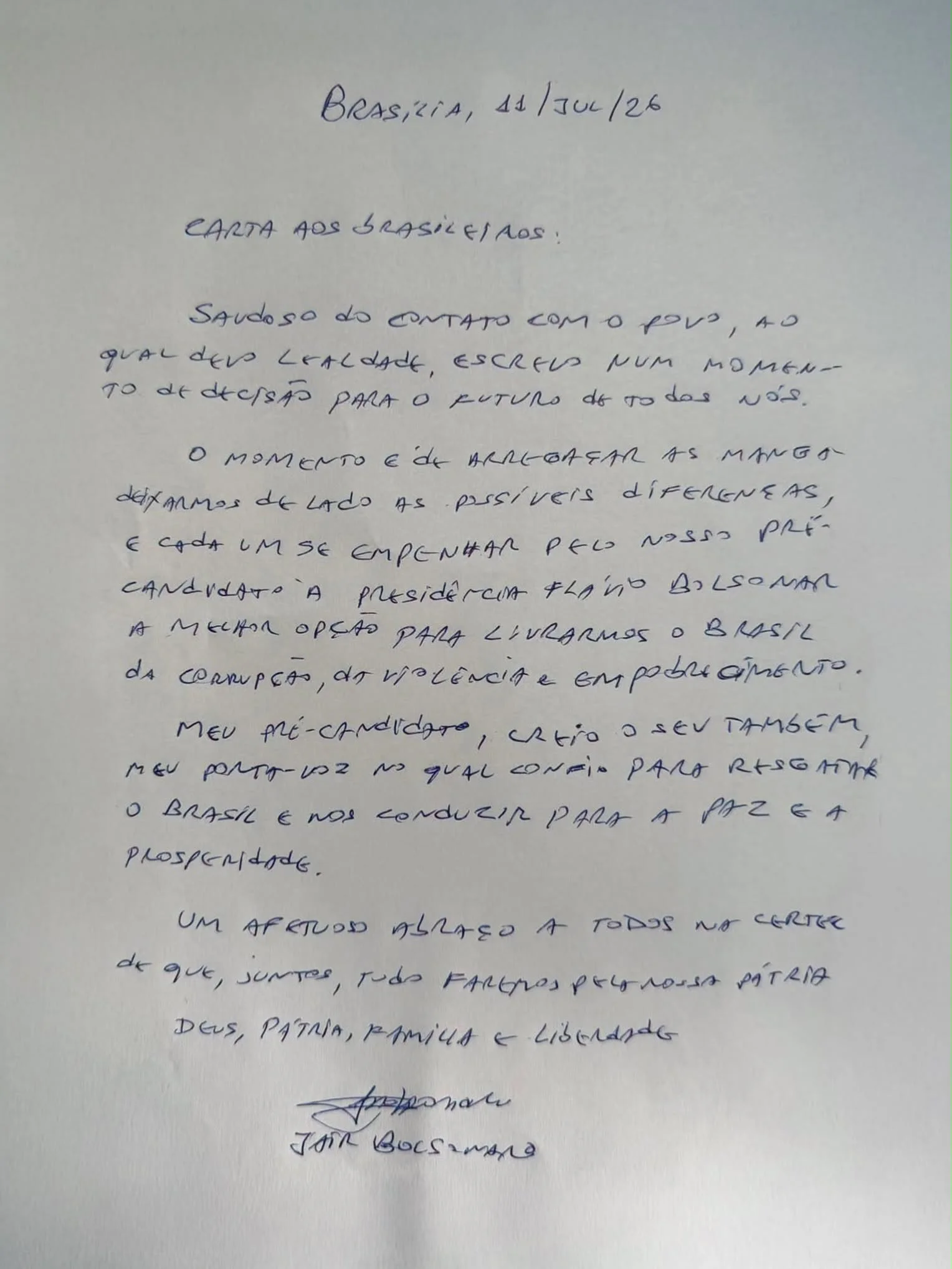 O ex-presidente Jair Bolsonaro divulgou neste sábado (11) uma carta à nação